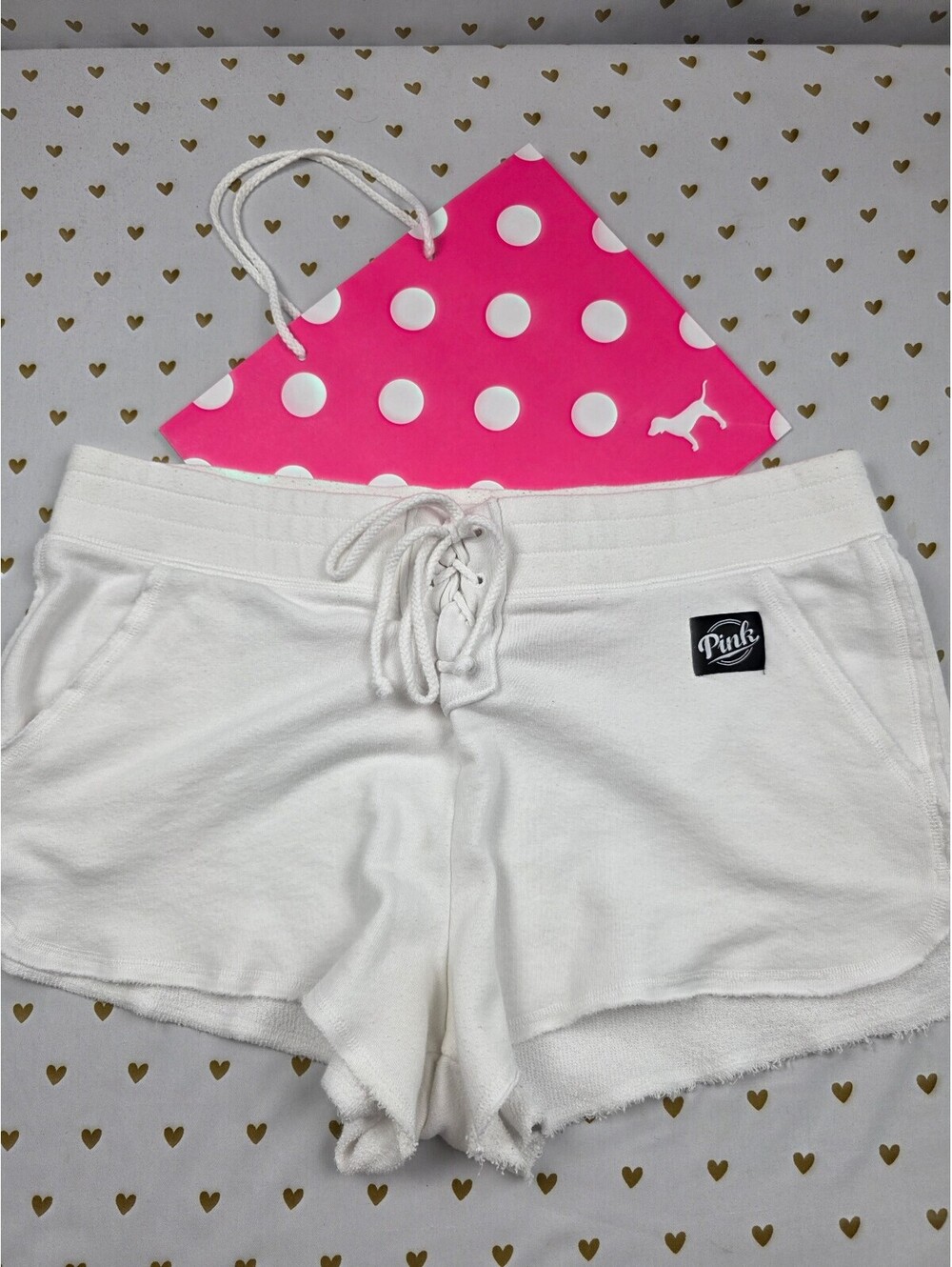 Victorias Secret PINK White Logo Lace front Sweat Shorts Large